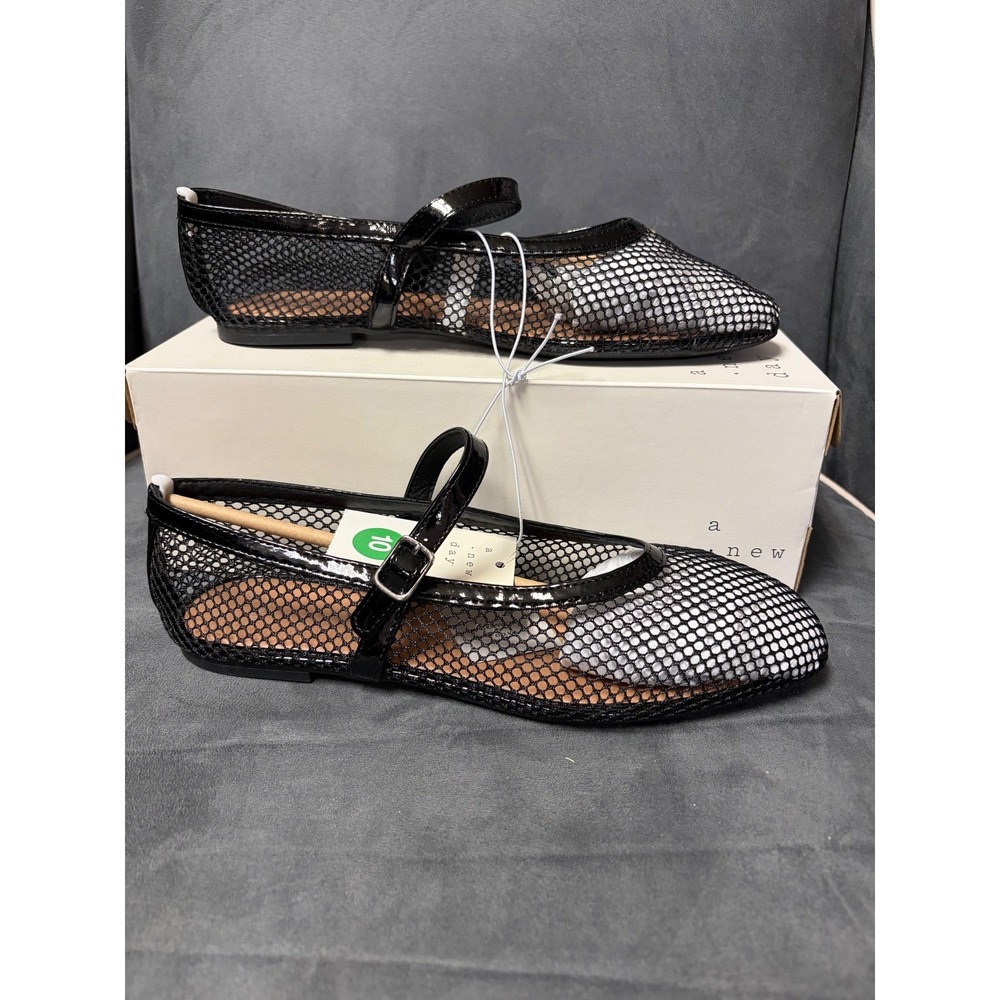 A New Day Issa Mesh Mary Jane Flats Jet Black Fishnet Ballet Shoes Women 10 NEW